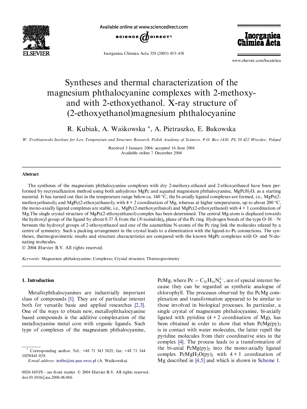 Syntheses and thermal characterization of the magnesium phthalocyanine complexes with 2-methoxy- and with 2-ethoxyethanol. X-ray structure of (2-ethoxyethanol)magnesium phthalocyanine