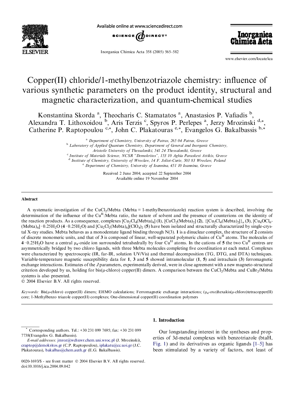 Copper(II) chloride/1-methylbenzotriazole chemistry: influence of various synthetic parameters on the product identity, structural and magnetic characterization, and quantum-chemical studies