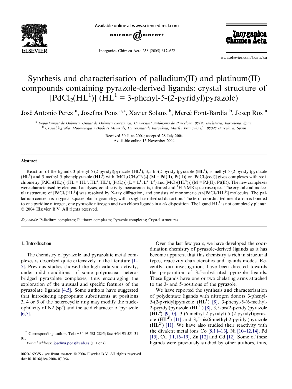 Synthesis and characterisation of palladium(II) and platinum(II) compounds containing pyrazole-derived ligands: crystal structure of [PdCl2(HL1)] (HL1Â =Â 3-phenyl-5-(2-pyridyl)pyrazole)