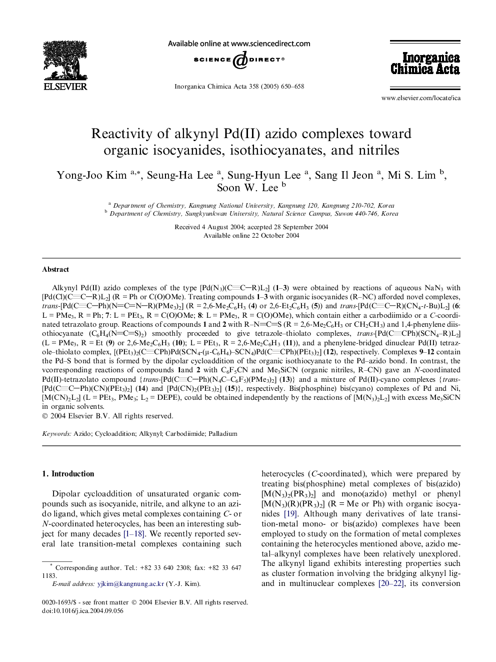 عکس صفحه اول مقاله: Reactivity of alkynyl Pd(II) azido complexes toward organic isocyanides, isothiocyanates, and nitriles Reactivity of alkynyl Pd(II) azido complexes toward organic isocyanides, isothiocyanates, and nitriles