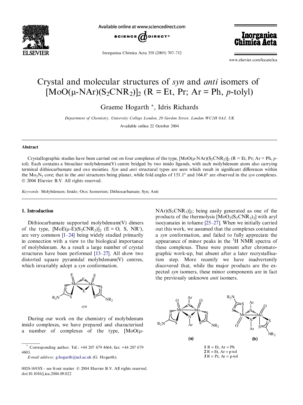 Crystal and molecular structures of syn and anti isomers of [MoO(Î¼-NAr)(S2CNR2)]2 (RÂ =Â Et, Pr; ArÂ =Â Ph, p-tolyl)