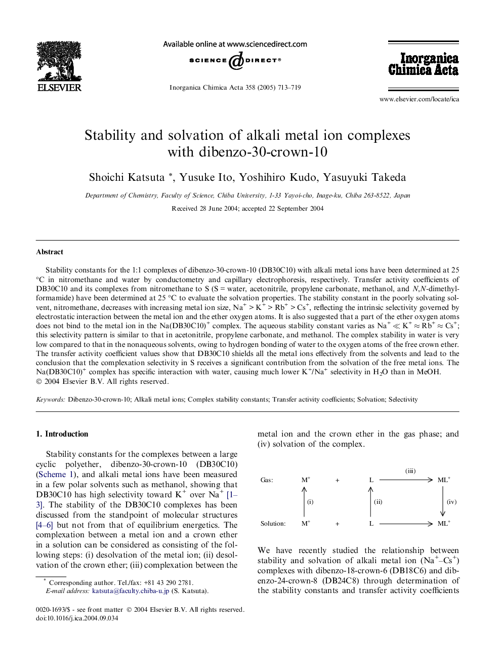 Stability and solvation of alkali metal ion complexes with dibenzo-30-crown-10
