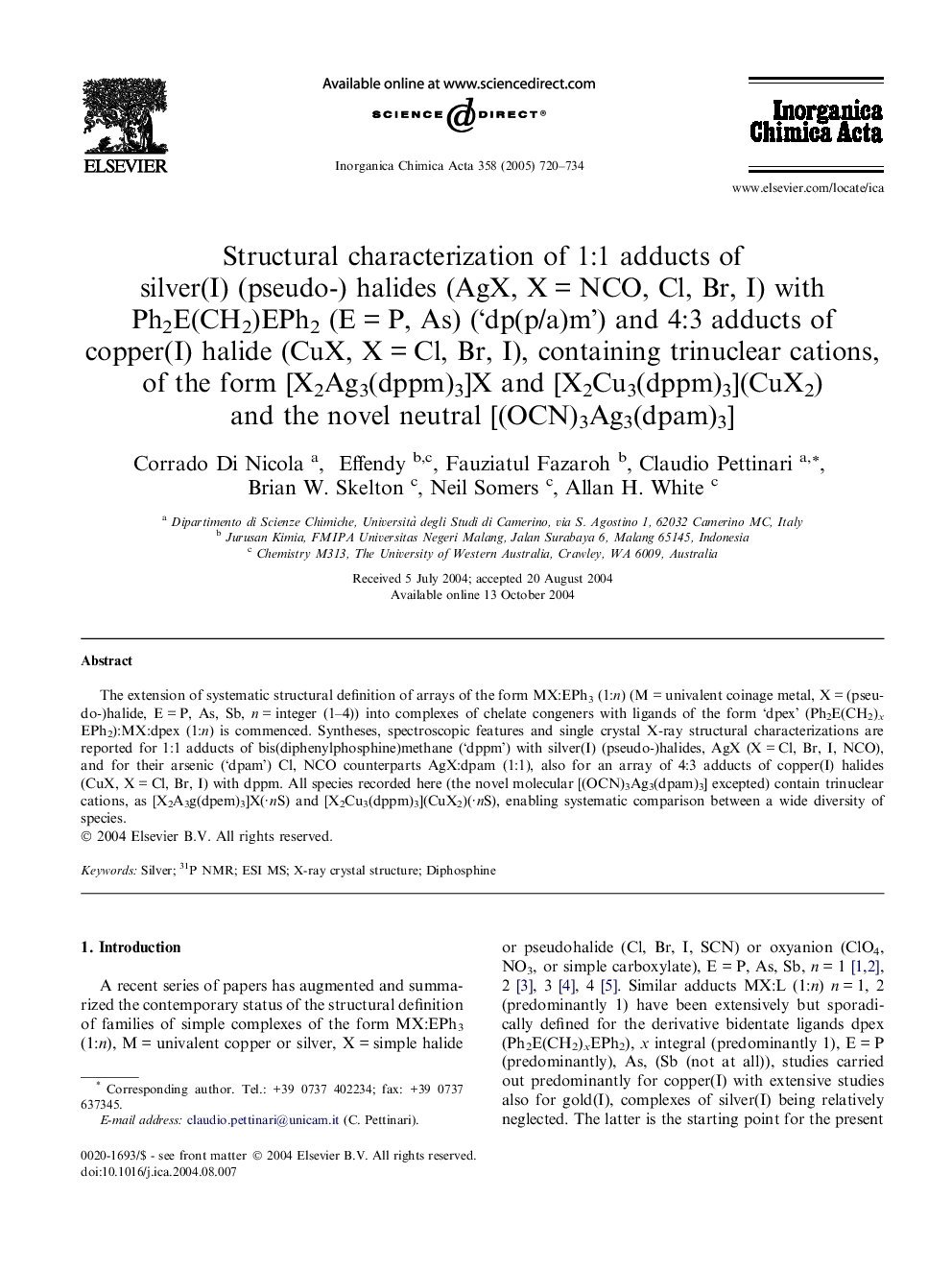 Structural characterization of 1:1 adducts of silver(I) (pseudo-) halides (AgX, XÂ =Â NCO, Cl, Br, I) with Ph2E(CH2)EPh2 (EÂ =Â P, As) ('dp(p/a)m') and 4:3 adducts of copper(I) halide (CuX, XÂ =Â Cl, Br, I), containing trinuclear cations, of the form [X2A