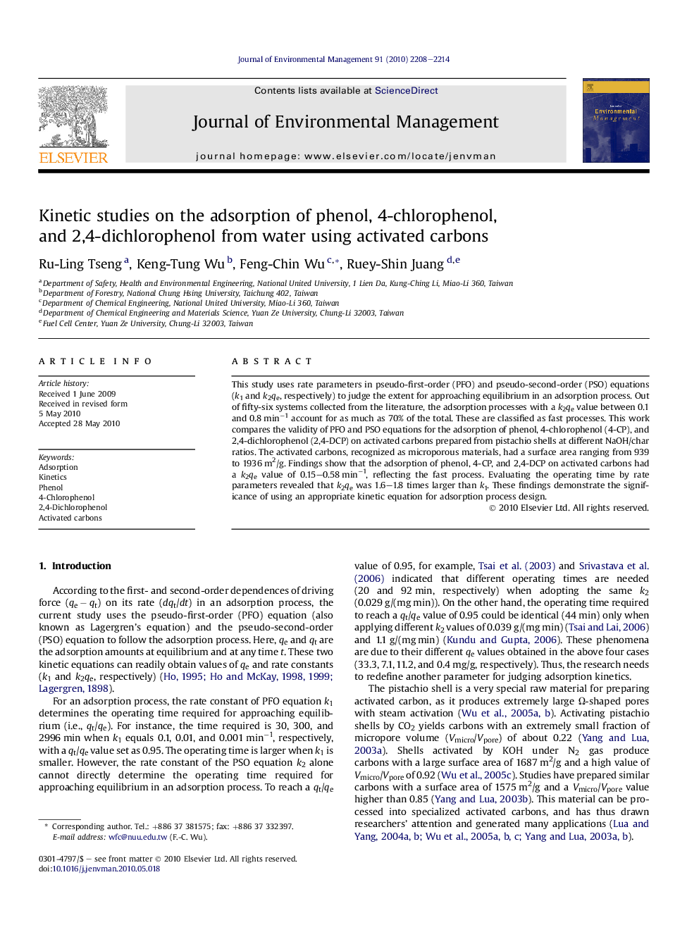 Kinetic studies on the adsorption of phenol, 4-chlorophenol, and 2,4-dichlorophenol from water using activated carbons