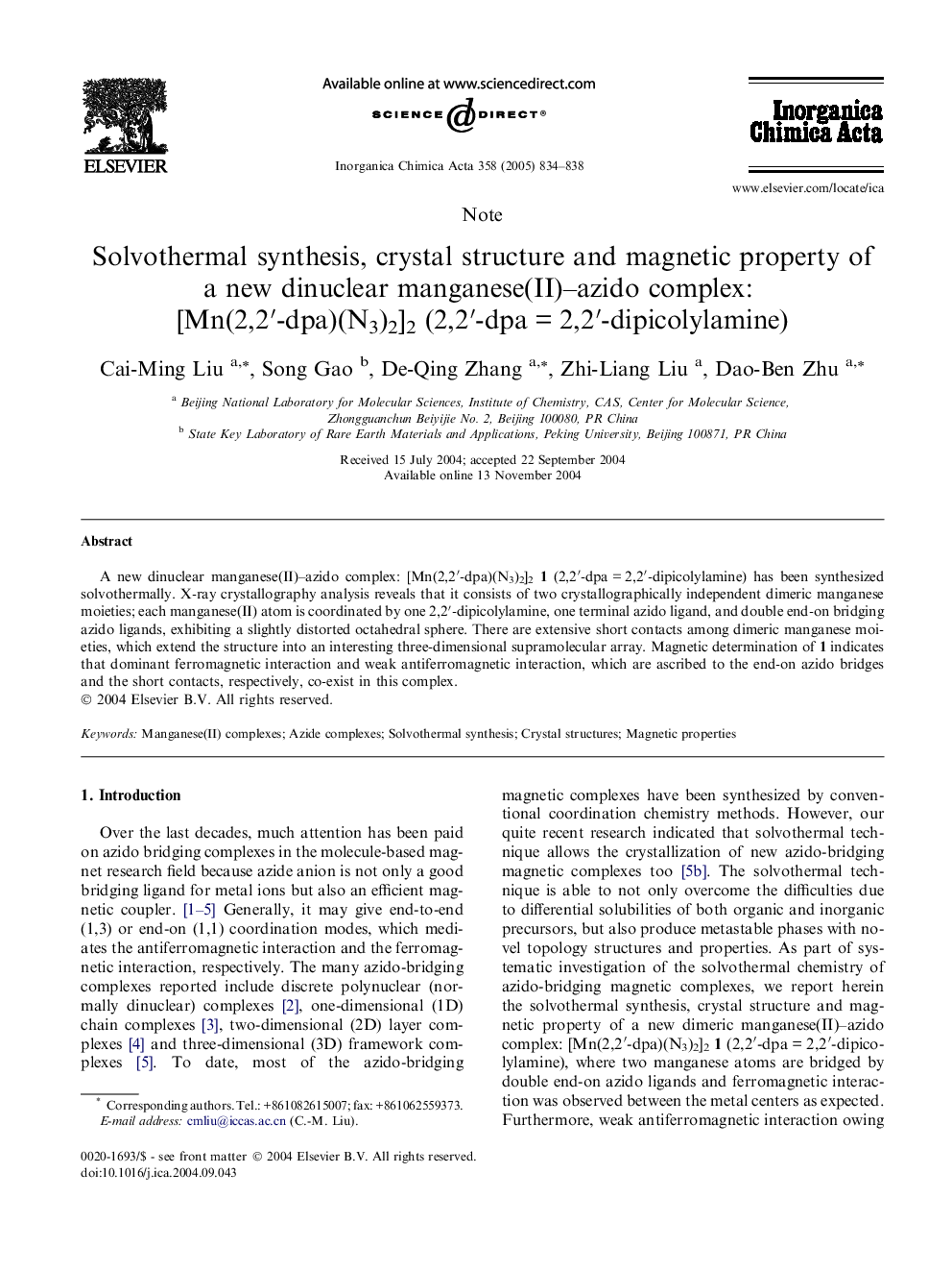 Solvothermal synthesis, crystal structure and magnetic property of a new dinuclear manganese(II)-azido complex: [Mn(2,2â²-dpa)(N3)2]2 (2,2â²-dpaÂ =Â 2,2â²-dipicolylamine)