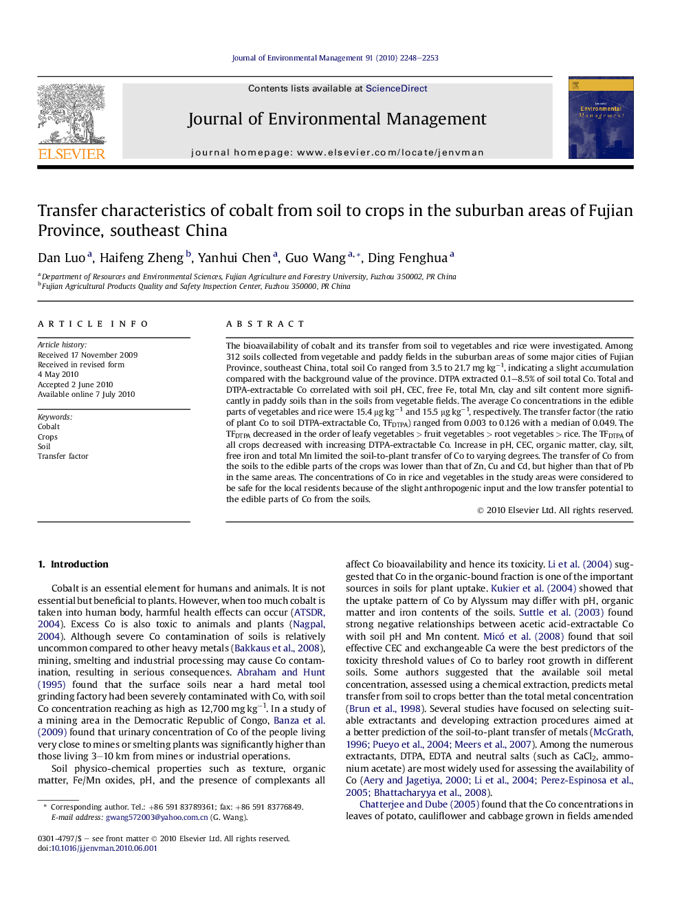 Transfer characteristics of cobalt from soil to crops in the suburban areas of Fujian Province, southeast China