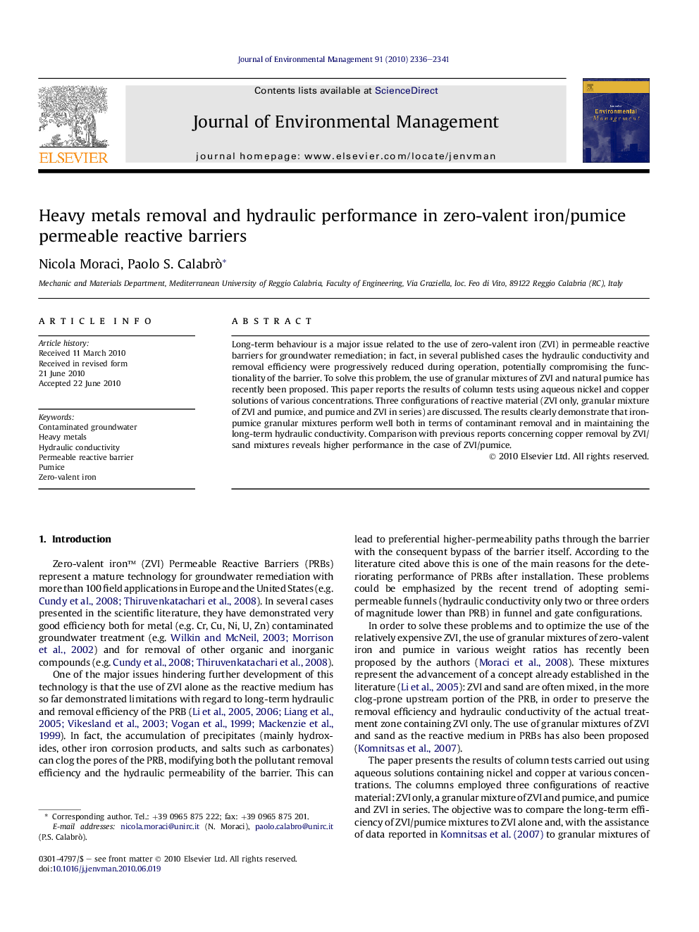 Heavy metals removal and hydraulic performance in zero-valent iron/pumice permeable reactive barriers