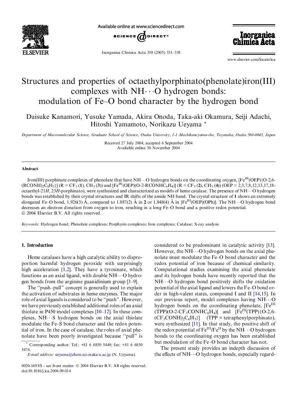 Structures and properties of octaethylporphinato(phenolate)iron(III) complexes with NHâ¯O hydrogen bonds: modulation of Fe-O bond character by the hydrogen bond