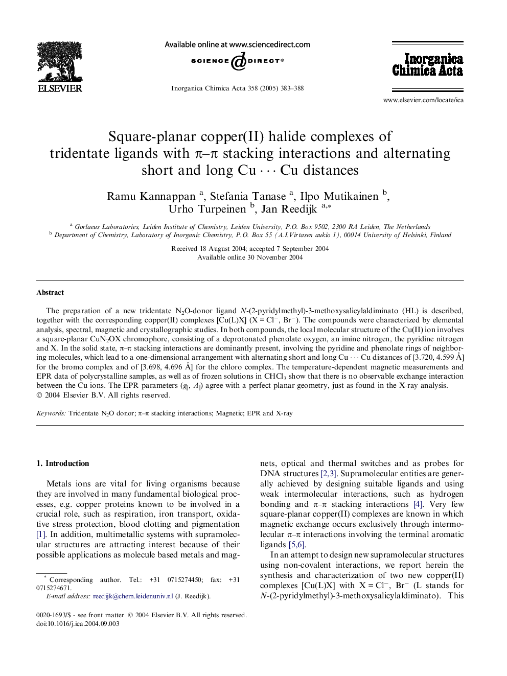 Square-planar copper(II) halide complexes of tridentate ligands with Ï-Ï stacking interactions and alternating short and long CuÂ â¯Â Cu distances