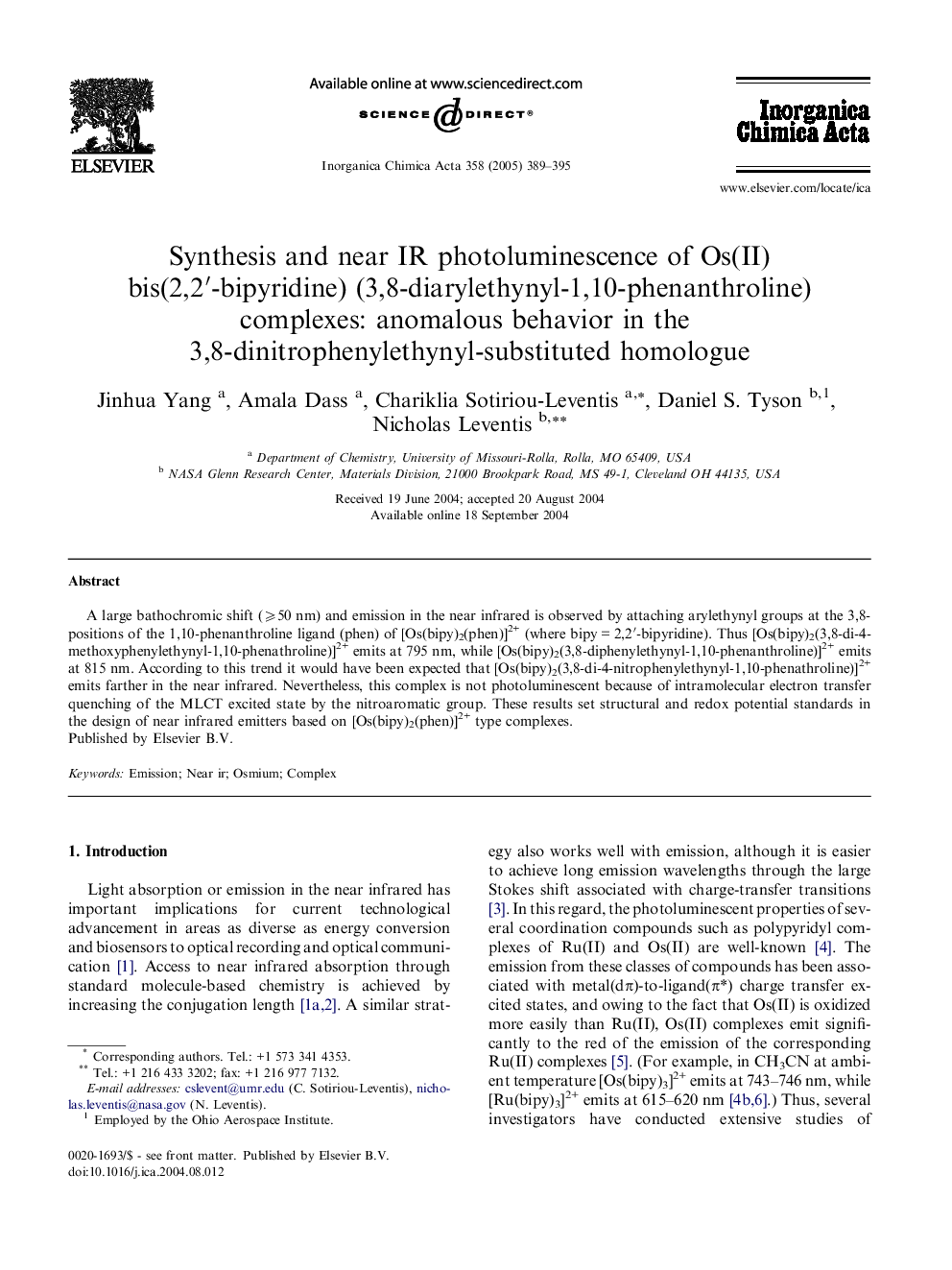 Synthesis and near IR photoluminescence of Os(II) bis(2,2â²-bipyridine) (3,8-diarylethynyl-1,10-phenanthroline) complexes: anomalous behavior in the 3,8-dinitrophenylethynyl-substituted homologue