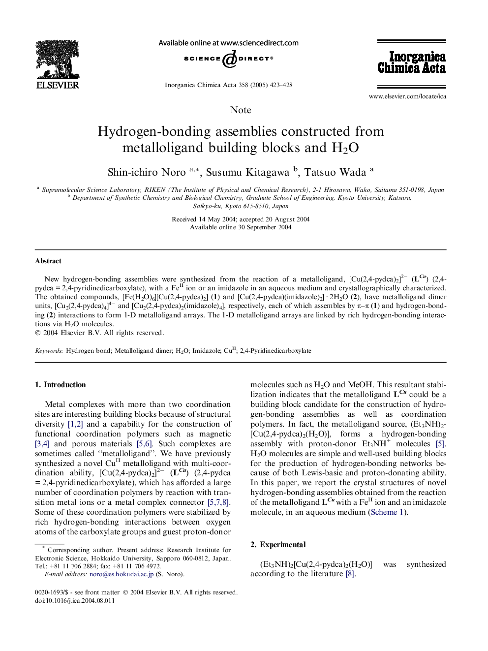 Hydrogen-bonding assemblies constructed from metalloligand building blocks and H2O