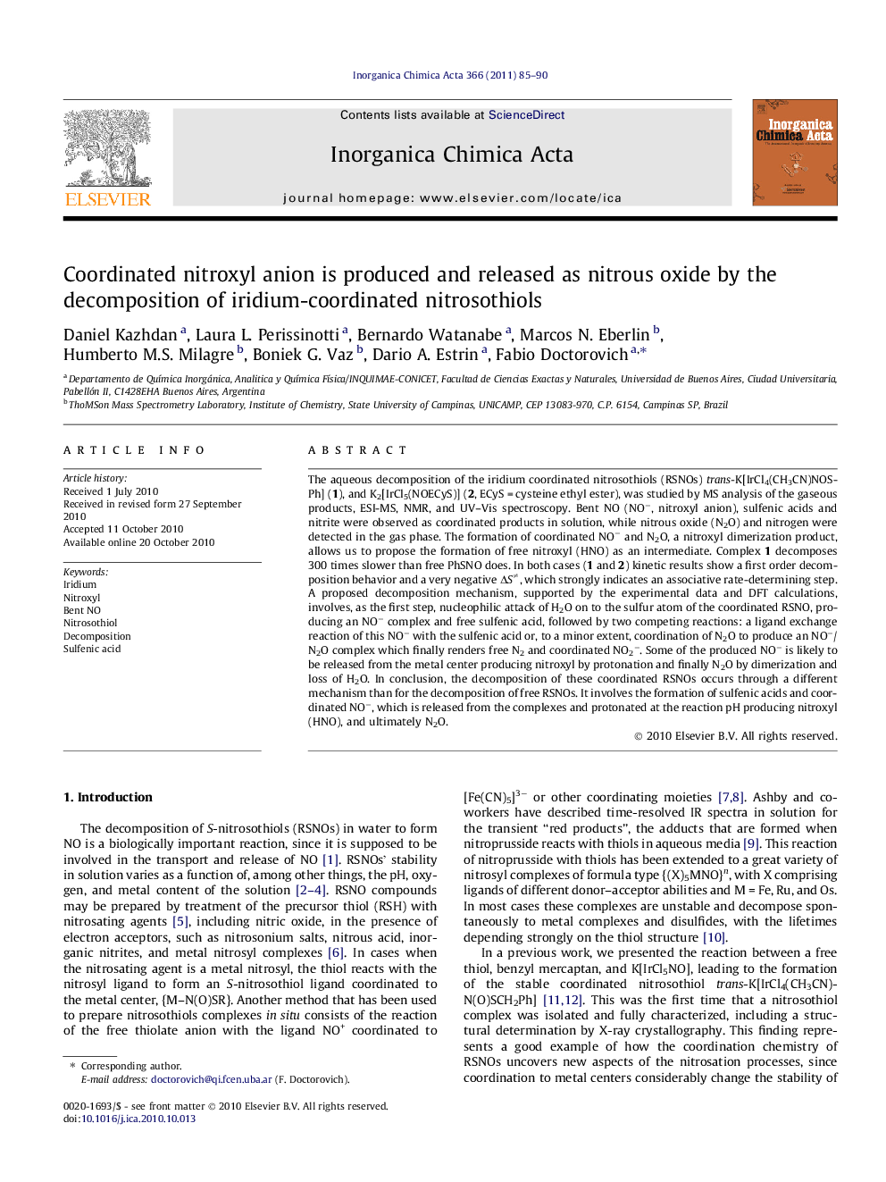 Coordinated nitroxyl anion is produced and released as nitrous oxide by the decomposition of iridium-coordinated nitrosothiols