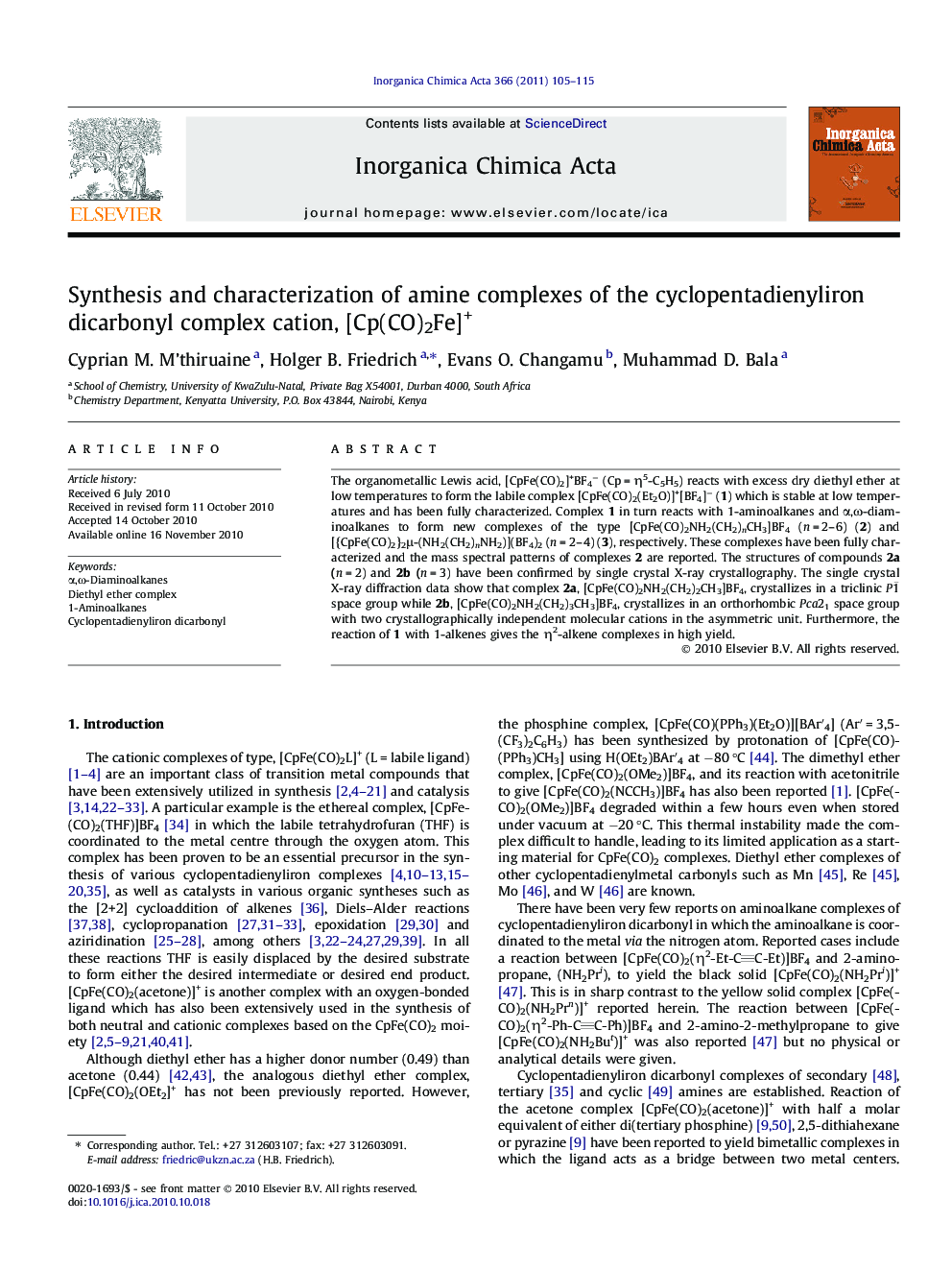 Synthesis and characterization of amine complexes of the cyclopentadienyliron dicarbonyl complex cation, [Cp(CO)2Fe]+