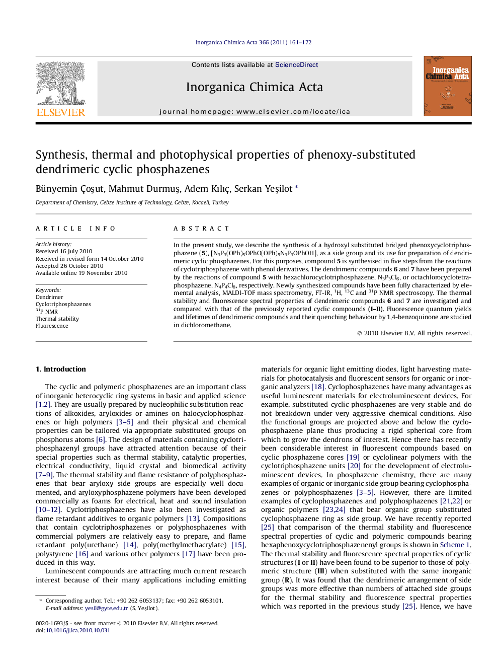 عکس صفحه اول مقاله: Synthesis, thermal and photophysical properties of phenoxy-substituted dendrimeric cyclic phosphazenes Synthesis, thermal and photophysical properties of phenoxy-substituted dendrimeric cyclic phosphazenes