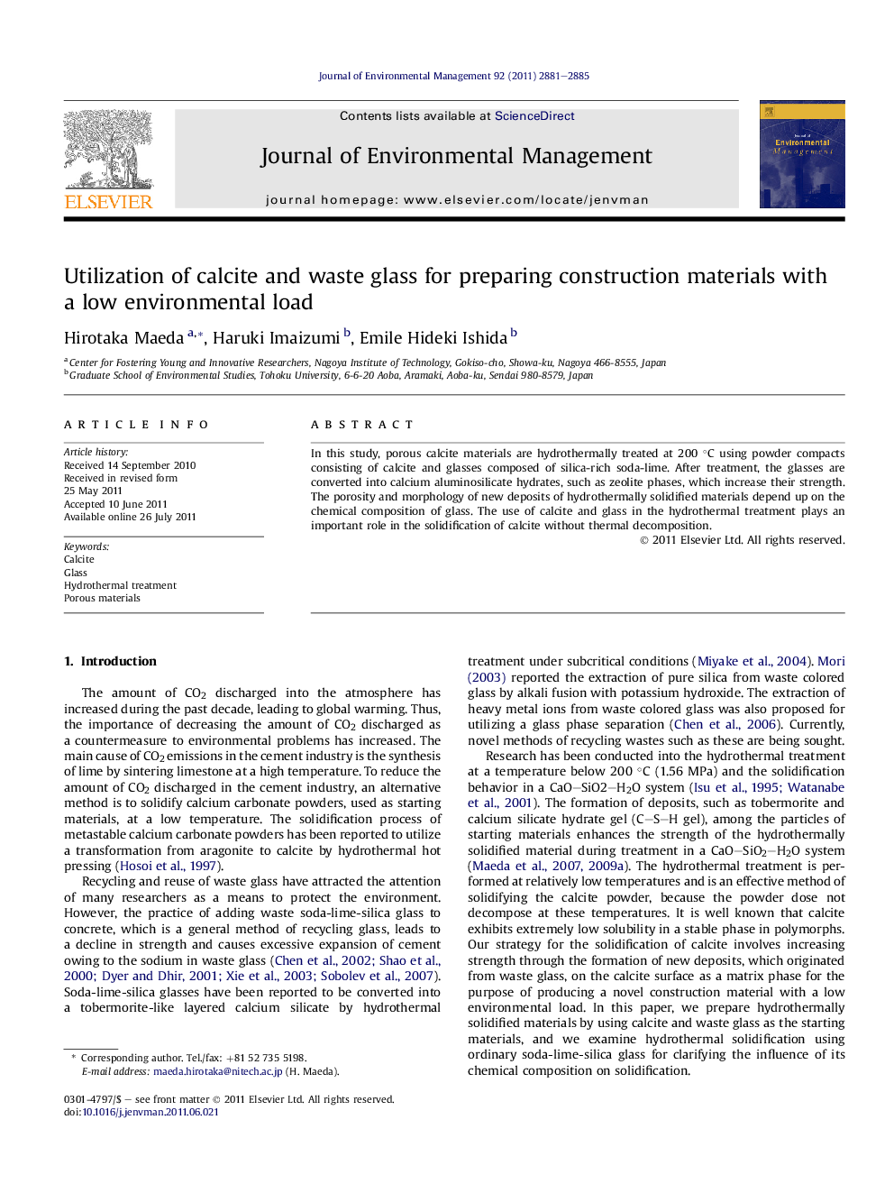 Utilization of calcite and waste glass for preparing construction materials with a low environmental load