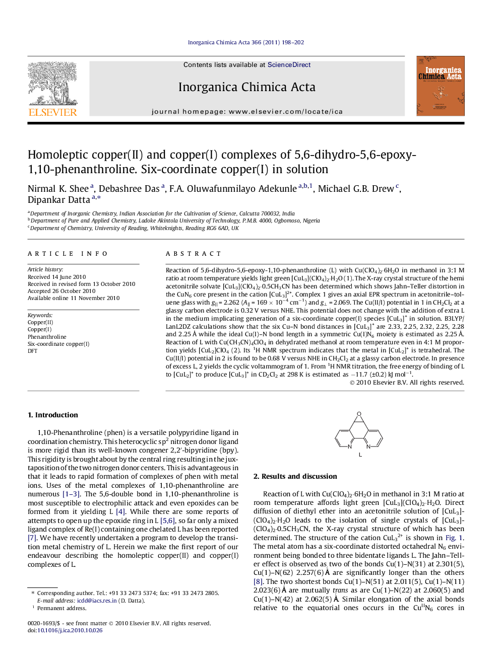 Homoleptic copper(II) and copper(I) complexes of 5,6-dihydro-5,6-epoxy-1,10-phenanthroline. Six-coordinate copper(I) in solution