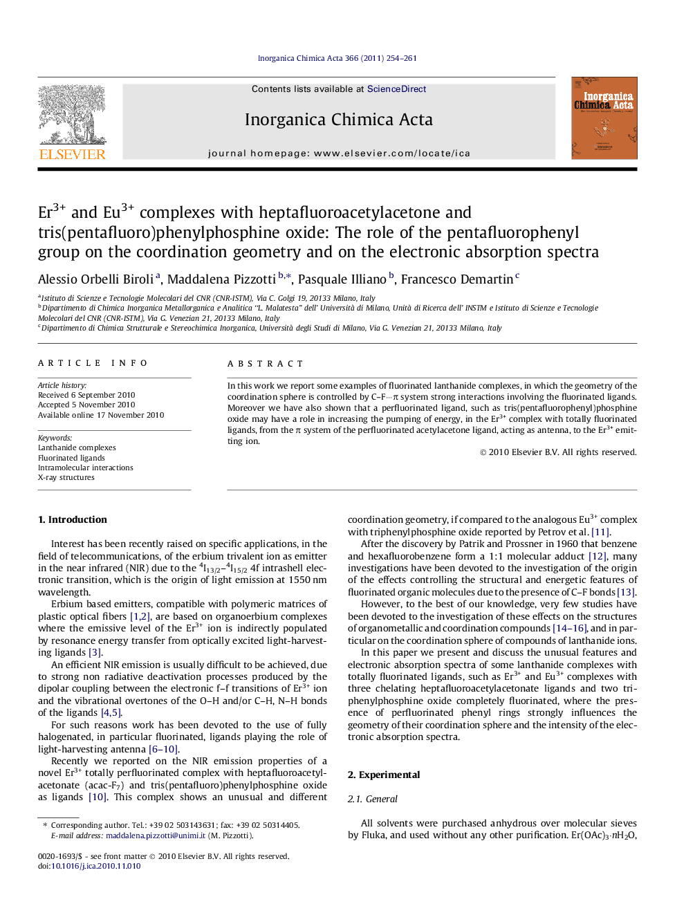 Er3+ and Eu3+ complexes with heptafluoroacetylacetone and tris(pentafluoro)phenylphosphine oxide: The role of the pentafluorophenyl group on the coordination geometry and on the electronic absorption spectra