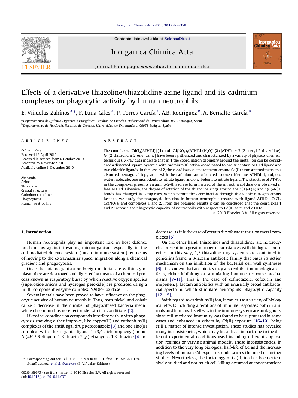 Effects of a derivative thiazoline/thiazolidine azine ligand and its cadmium complexes on phagocytic activity by human neutrophils