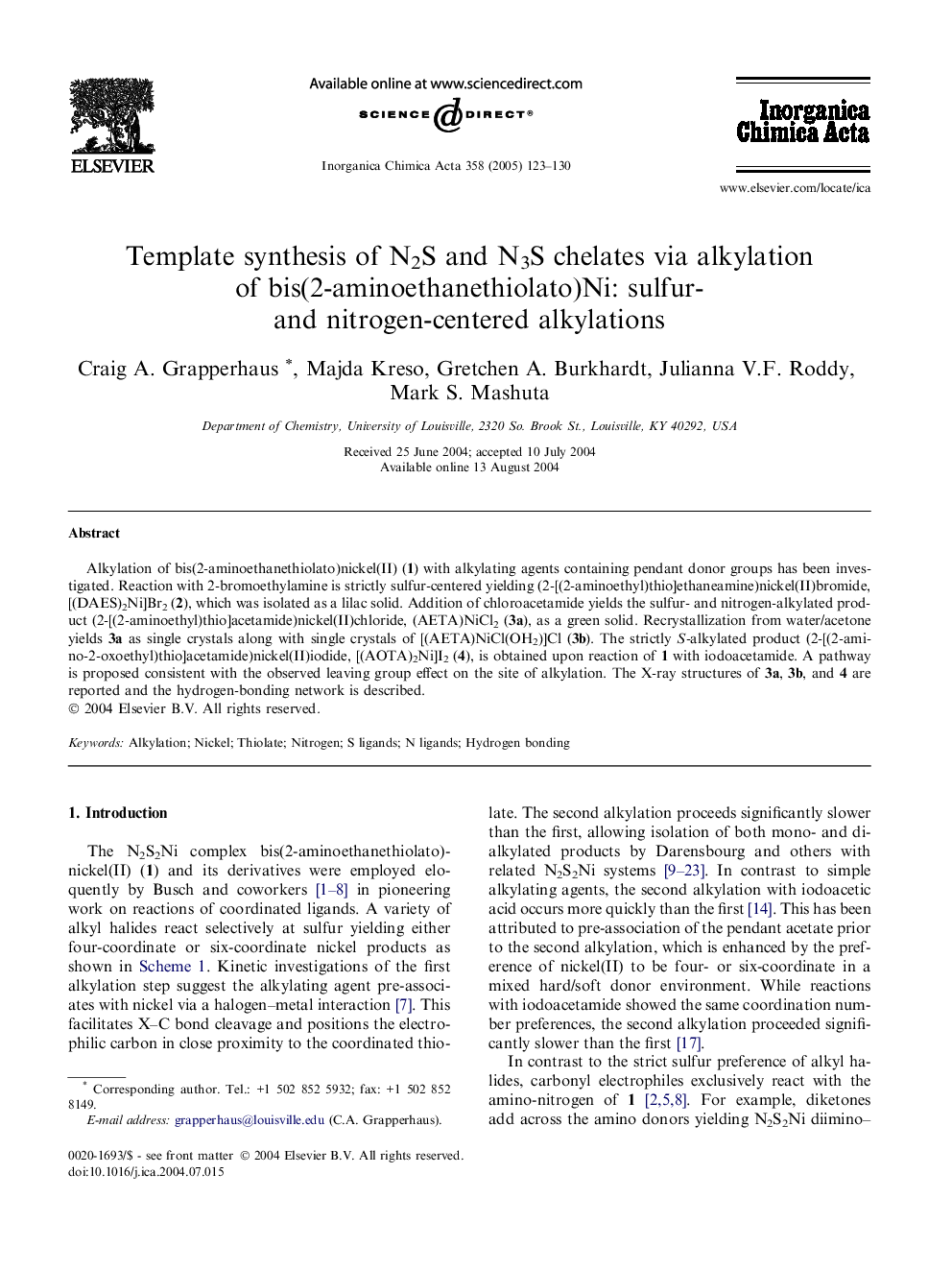 عکس صفحه اول مقاله: Template synthesis of N2S and N3S chelates via alkylation of bis(2-aminoethanethiolato)Ni: sulfur- and nitrogen-centered alkylations Template synthesis of N2S and N3S chelates via alkylation of bis(2-aminoethanethiolato)Ni: sulfur- and nitrogen-centered alkylations
