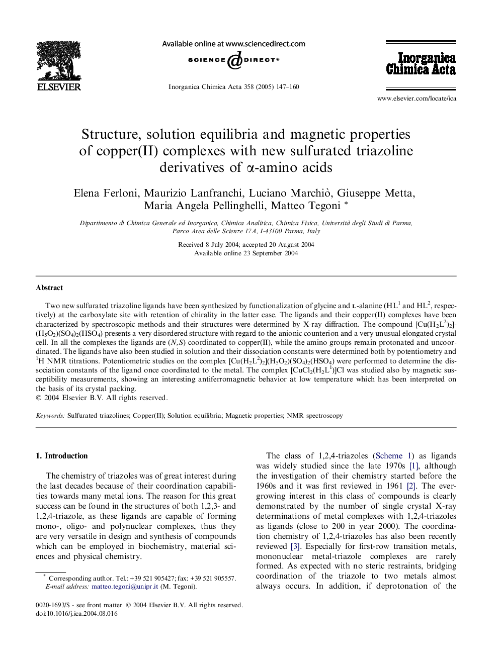 عکس صفحه اول مقاله: Structure, solution equilibria and magnetic properties of copper(II) complexes with new sulfurated triazoline derivatives of α-amino acids Structure, solution equilibria and magnetic properties of copper(II) complexes with new sulfurated triazoline derivatives of α-amino acids