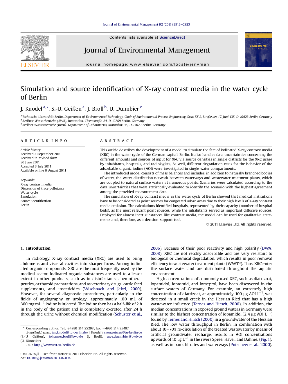 Simulation and source identification of X-ray contrast media in the water cycle of Berlin