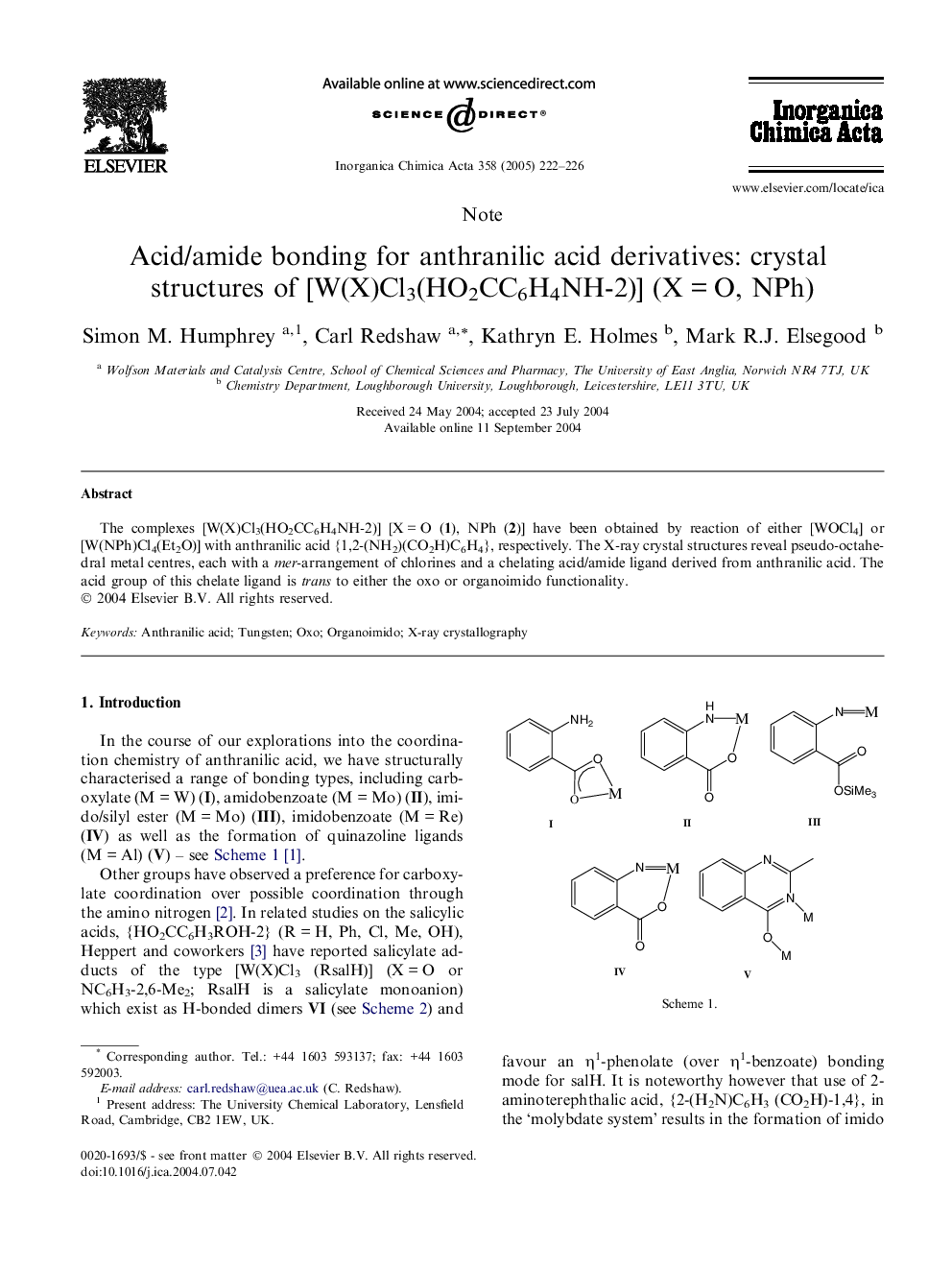 Acid/amide bonding for anthranilic acid derivatives: crystal structures of [W(X)Cl3(HO2CC6H4NH-2)] (XÂ =Â O, NPh)