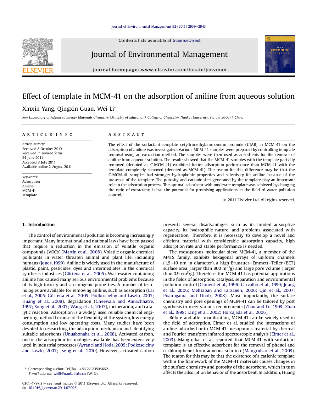 Effect of template in MCM-41 on the adsorption of aniline from aqueous solution