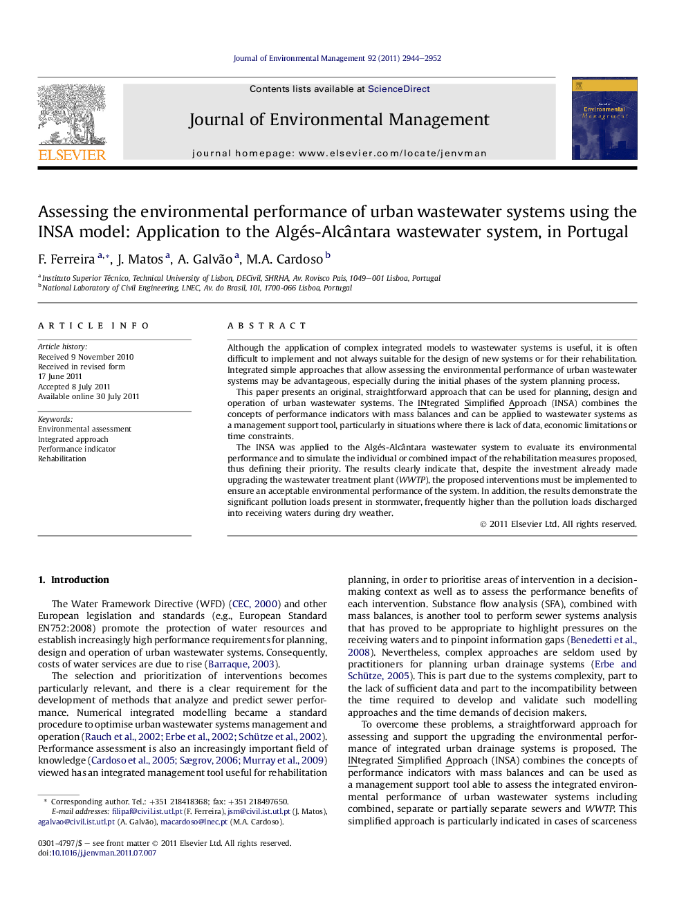 Assessing the environmental performance of urban wastewater systems using the INSA model: Application to the Algés-Alcântara wastewater system, in Portugal