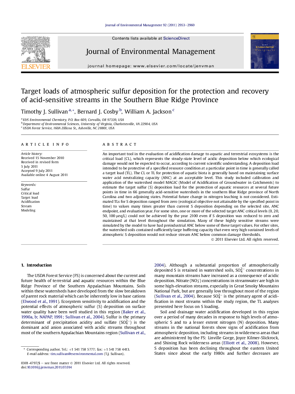 Target loads of atmospheric sulfur deposition for the protection and recovery of acid-sensitive streams in the Southern Blue Ridge Province