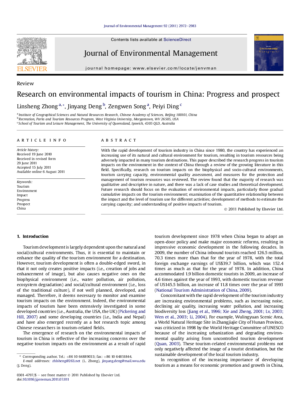 Research on environmental impacts of tourism in China: Progress and prospect