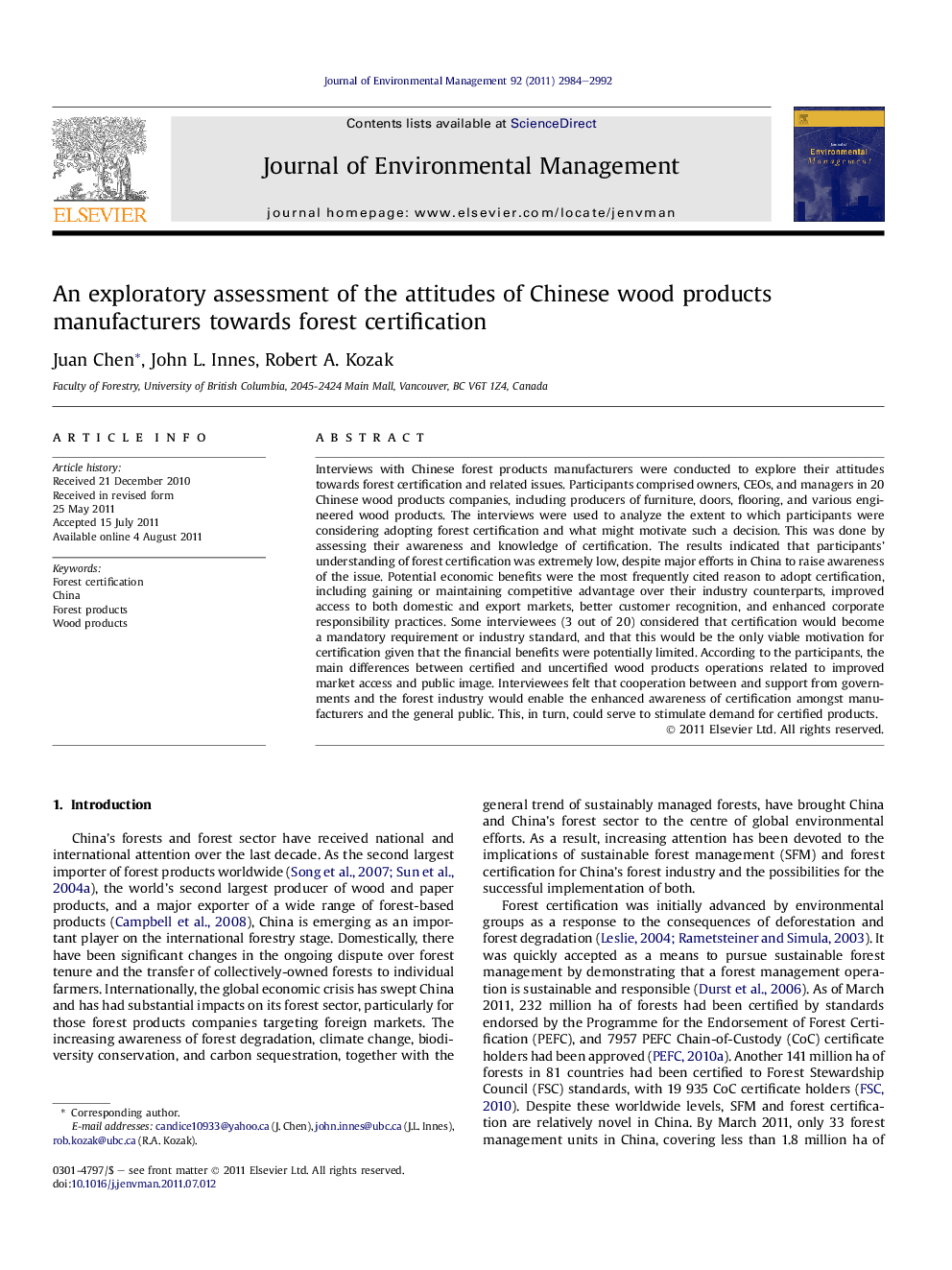 An exploratory assessment of the attitudes of Chinese wood products manufacturers towards forest certification