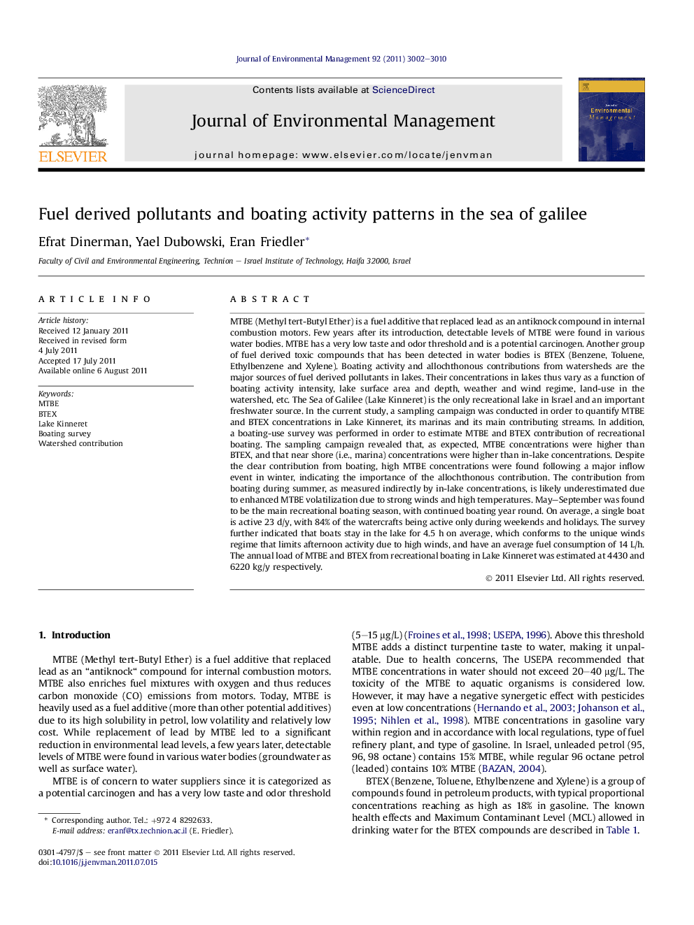 Fuel derived pollutants and boating activity patterns in the sea of galilee