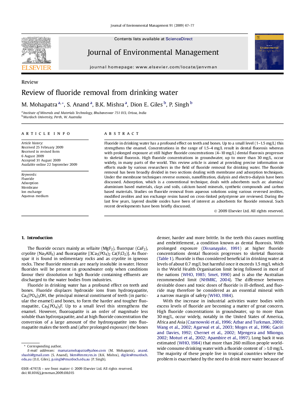 Review of fluoride removal from drinking water