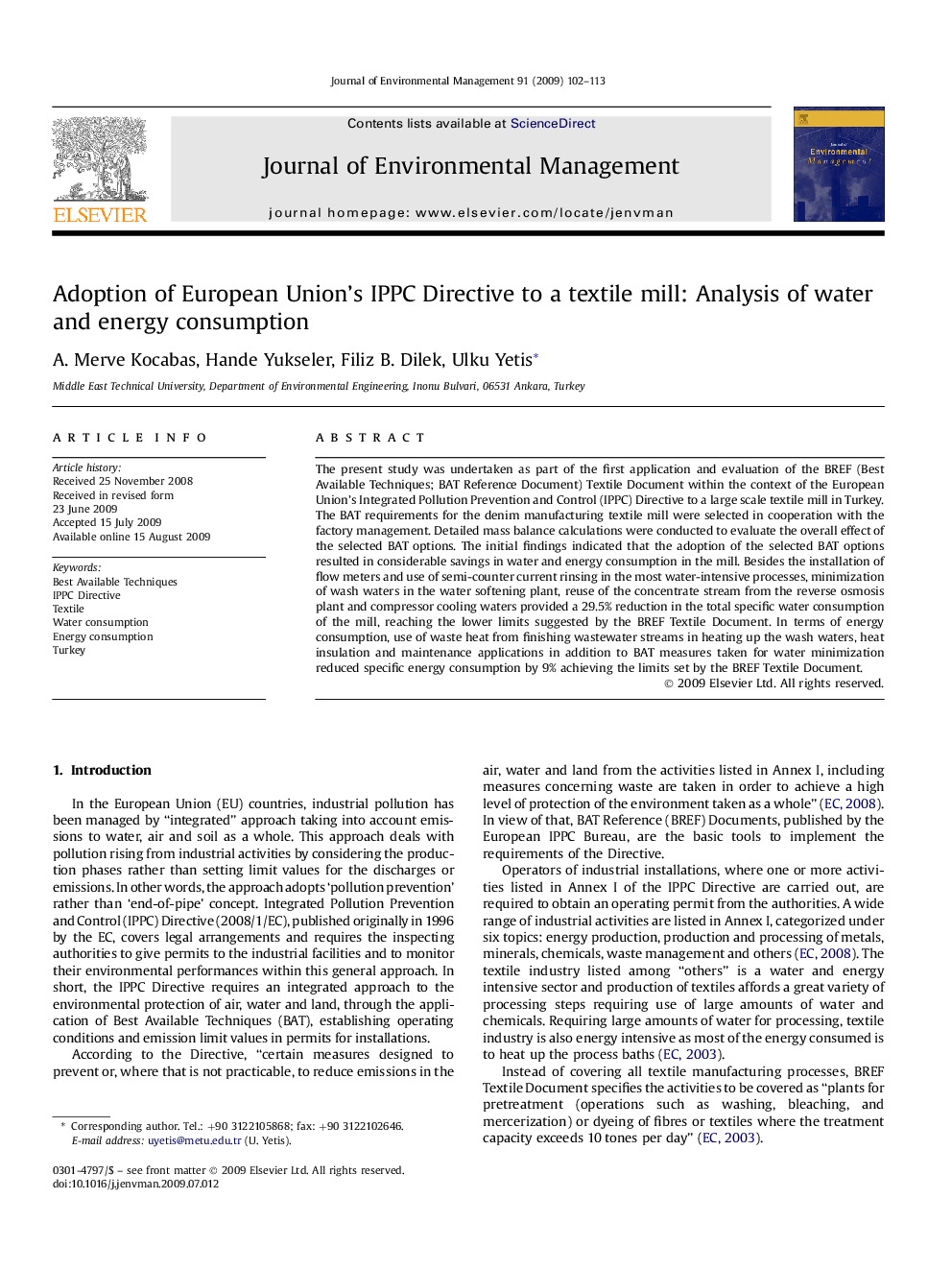 Adoption of European Union's IPPC Directive to a textile mill: Analysis of water and energy consumption