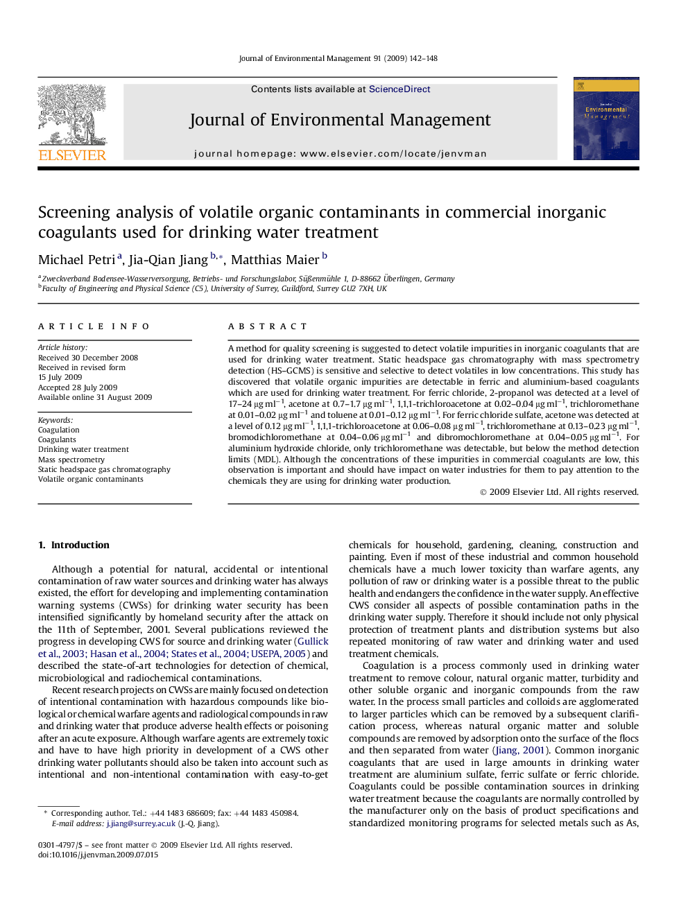 Screening analysis of volatile organic contaminants in commercial inorganic coagulants used for drinking water treatment