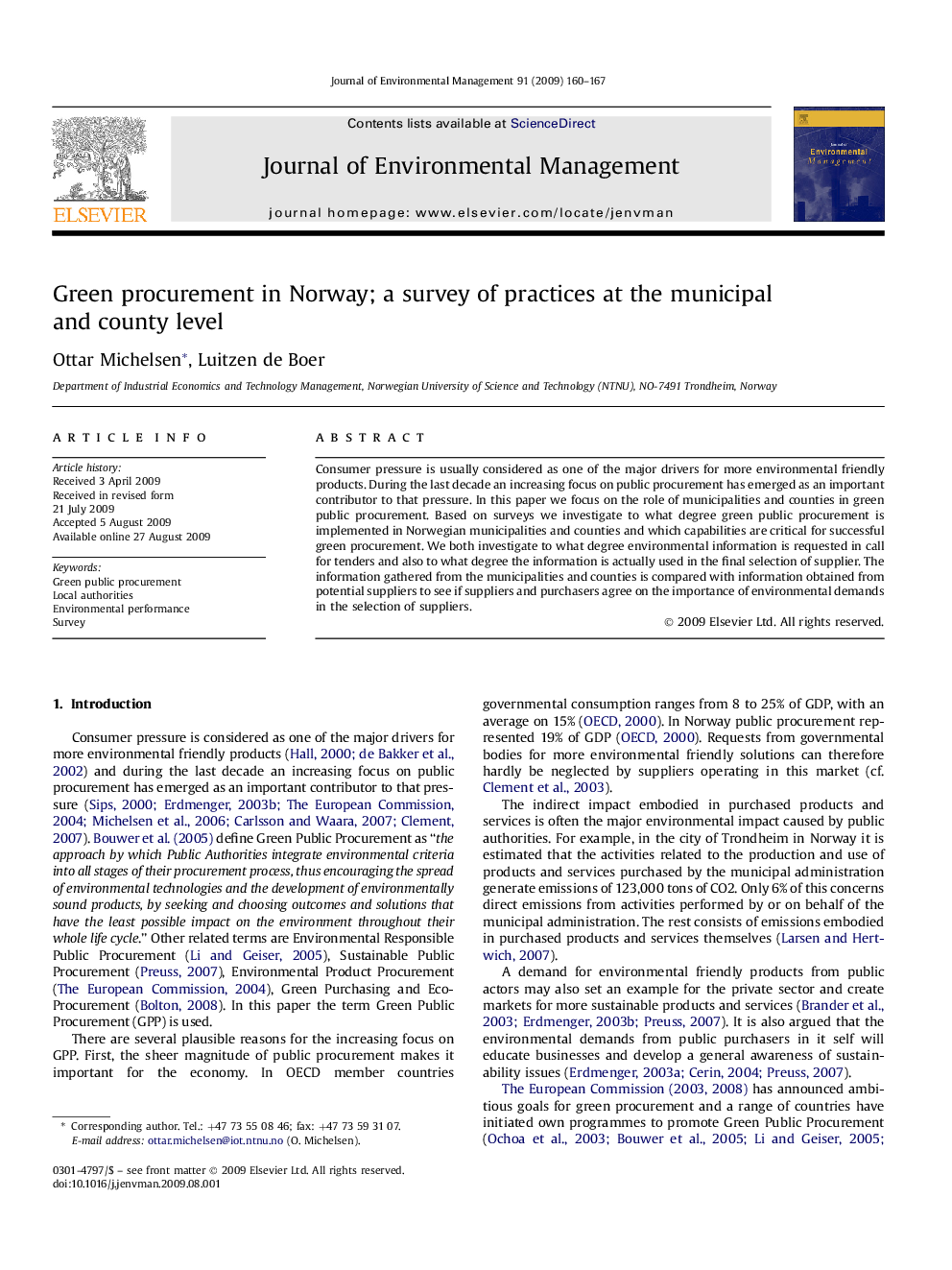 Green procurement in Norway; a survey of practices at the municipal and county level