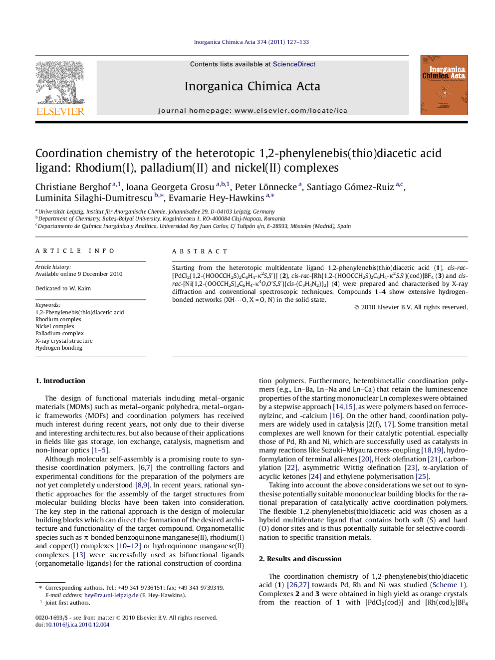 Coordination chemistry of the heterotopic 1,2-phenylenebis(thio)diacetic acid ligand: Rhodium(I), palladium(II) and nickel(II) complexes