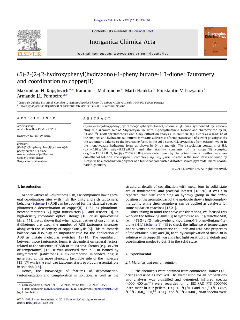 (E)-2-(2-(2-hydroxyphenyl)hydrazono)-1-phenylbutane-1,3-dione: Tautomery and coordination to copper(II)