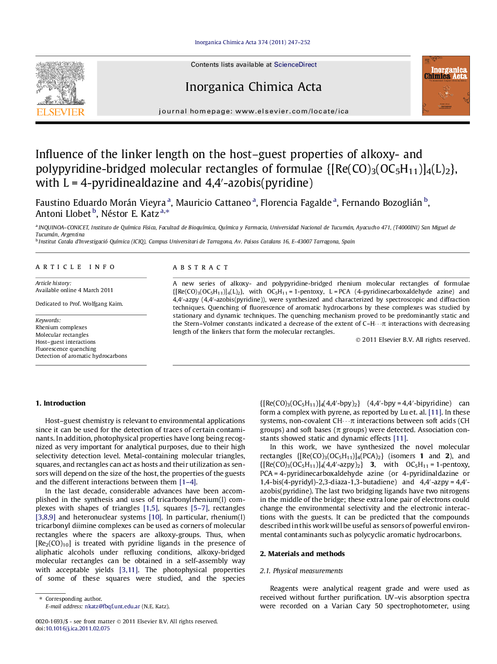 Influence of the linker length on the host-guest properties of alkoxy- and polypyridine-bridged molecular rectangles of formulae {[Re(CO)3(OC5H11)]4(L)2}, with LÂ =Â 4-pyridinealdazine and 4,4â²-azobis(pyridine)