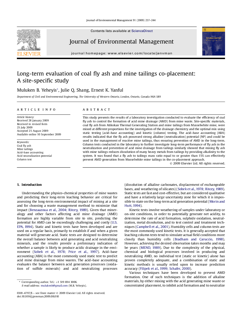 Long-term evaluation of coal fly ash and mine tailings co-placement: A site-specific study