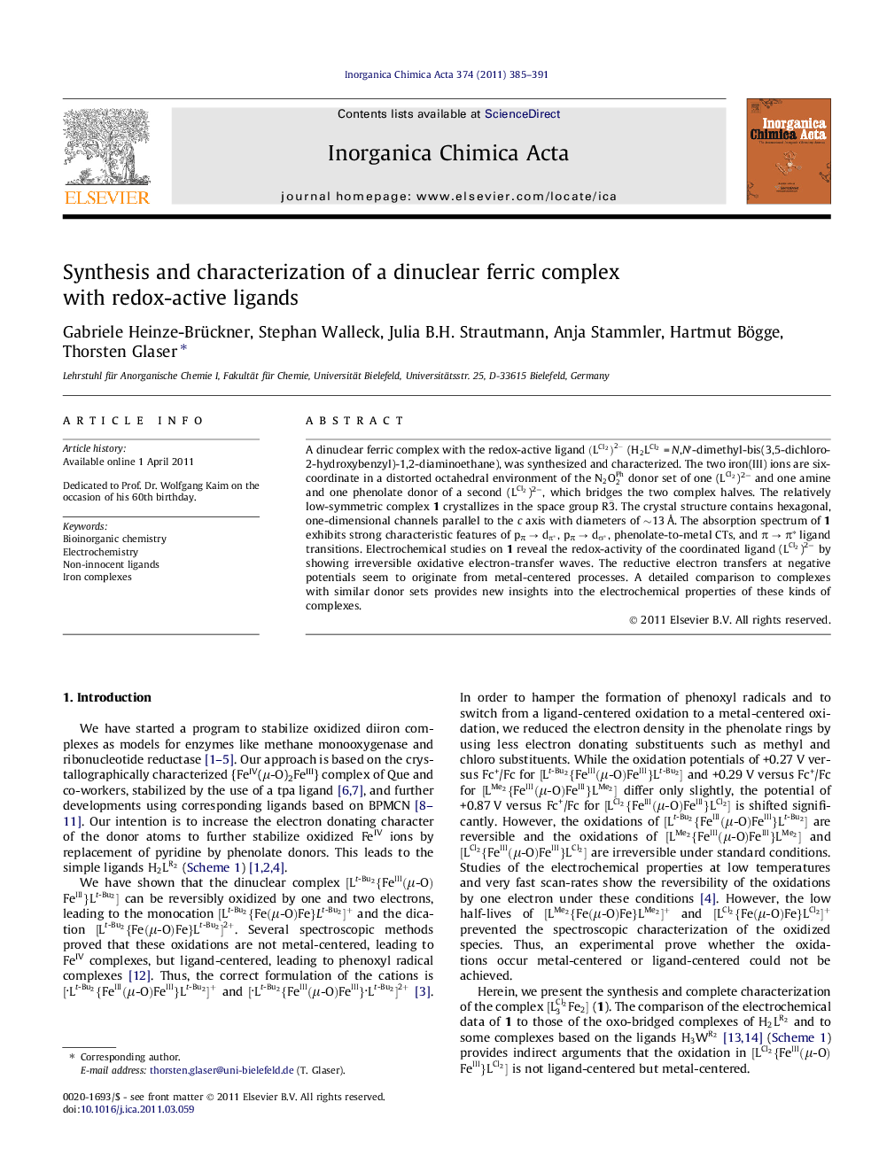 Synthesis and characterization of a dinuclear ferric complex with redox-active ligands