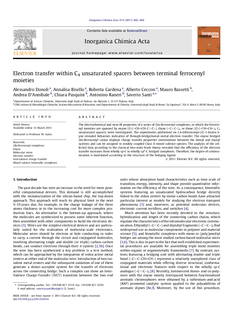 Electron transfer within C4 unsaturated spacers between terminal ferrocenyl moieties