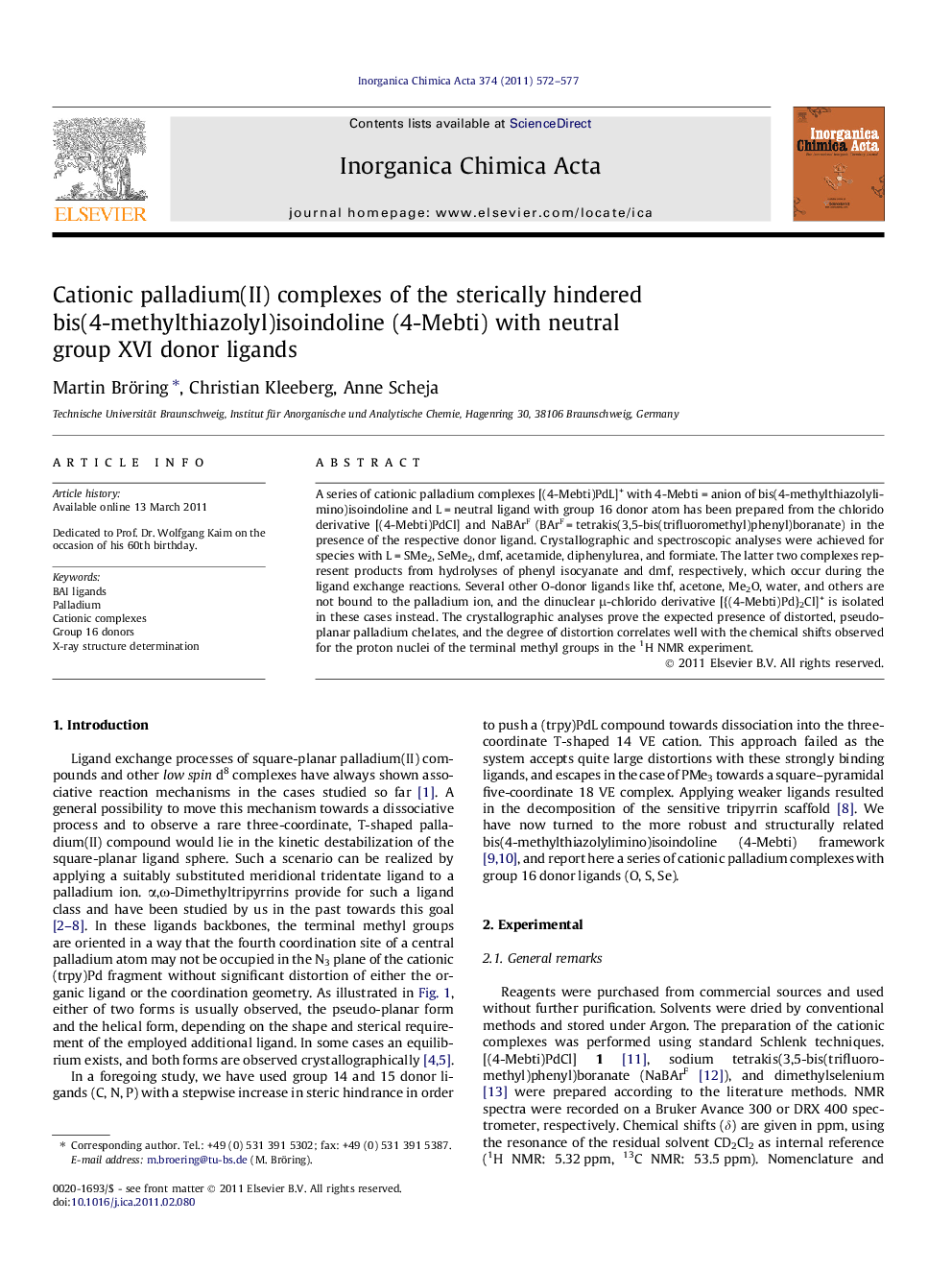 Cationic palladium(II) complexes of the sterically hindered bis(4-methylthiazolyl)isoindoline (4-Mebti) with neutral group XVI donor ligands