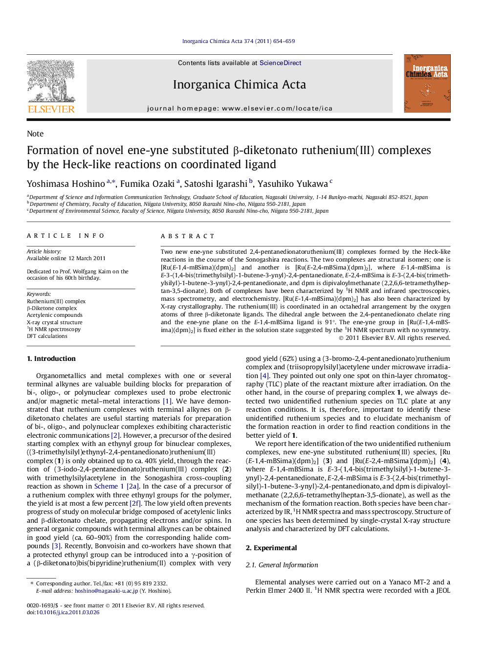 عکس صفحه اول مقاله: Formation of novel ene-yne substituted β-diketonato ruthenium(III) complexes by the Heck-like reactions on coordinated ligand Formation of novel ene-yne substituted β-diketonato ruthenium(III) complexes by the Heck-like reactions on coordinated ligand