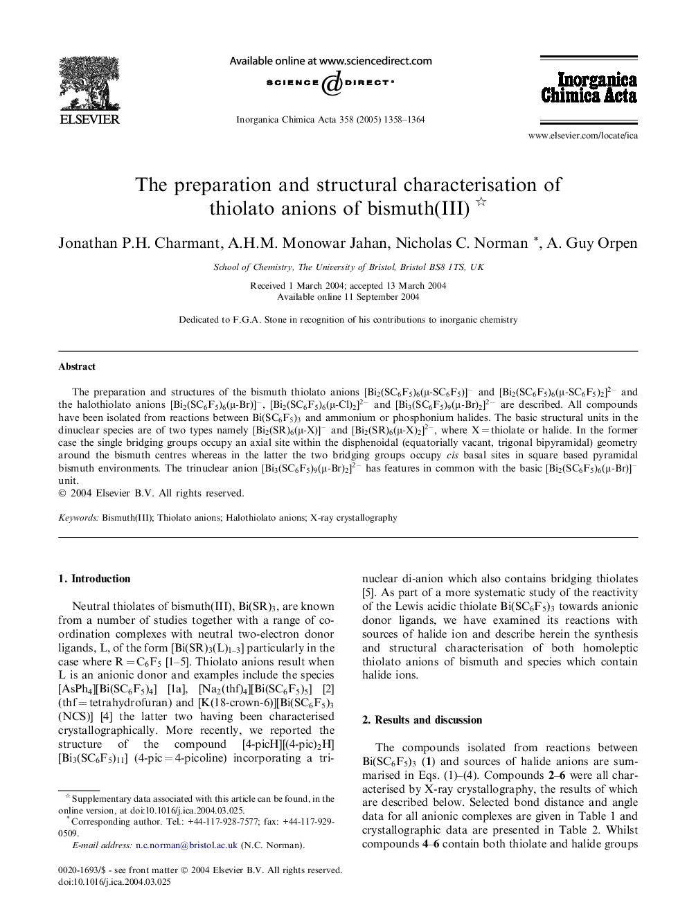 The preparation and structural characterisation of thiolato anions of bismuth(III)