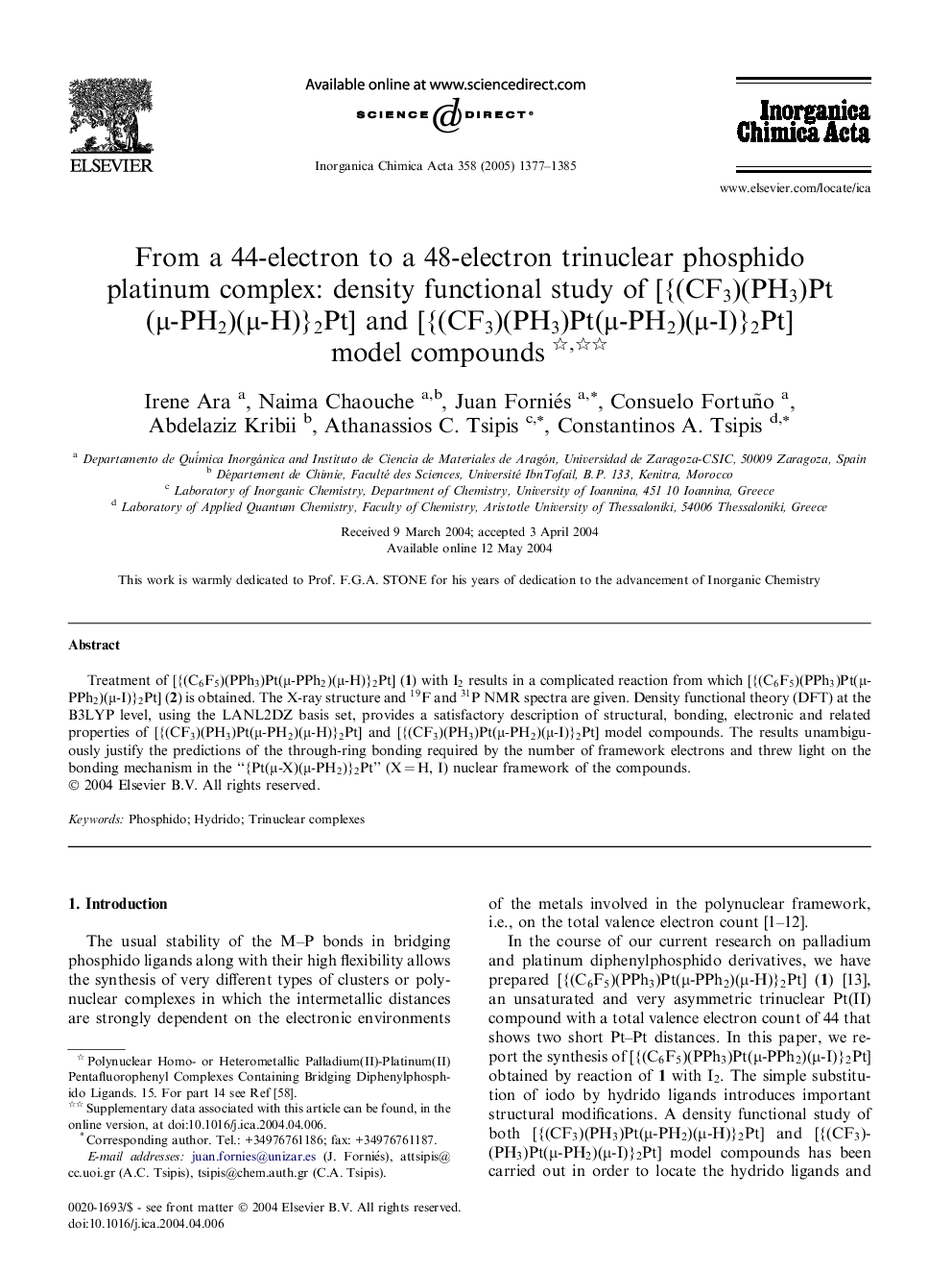 From a 44-electron to a 48-electron trinuclear phosphido platinum complex: density functional study of [{(CF3)(PH3)Pt(Î¼-PH2)(Î¼-H)}2Pt] and [{(CF3)(PH3)Pt(Î¼-PH2)(Î¼-I)}2Pt] model compounds