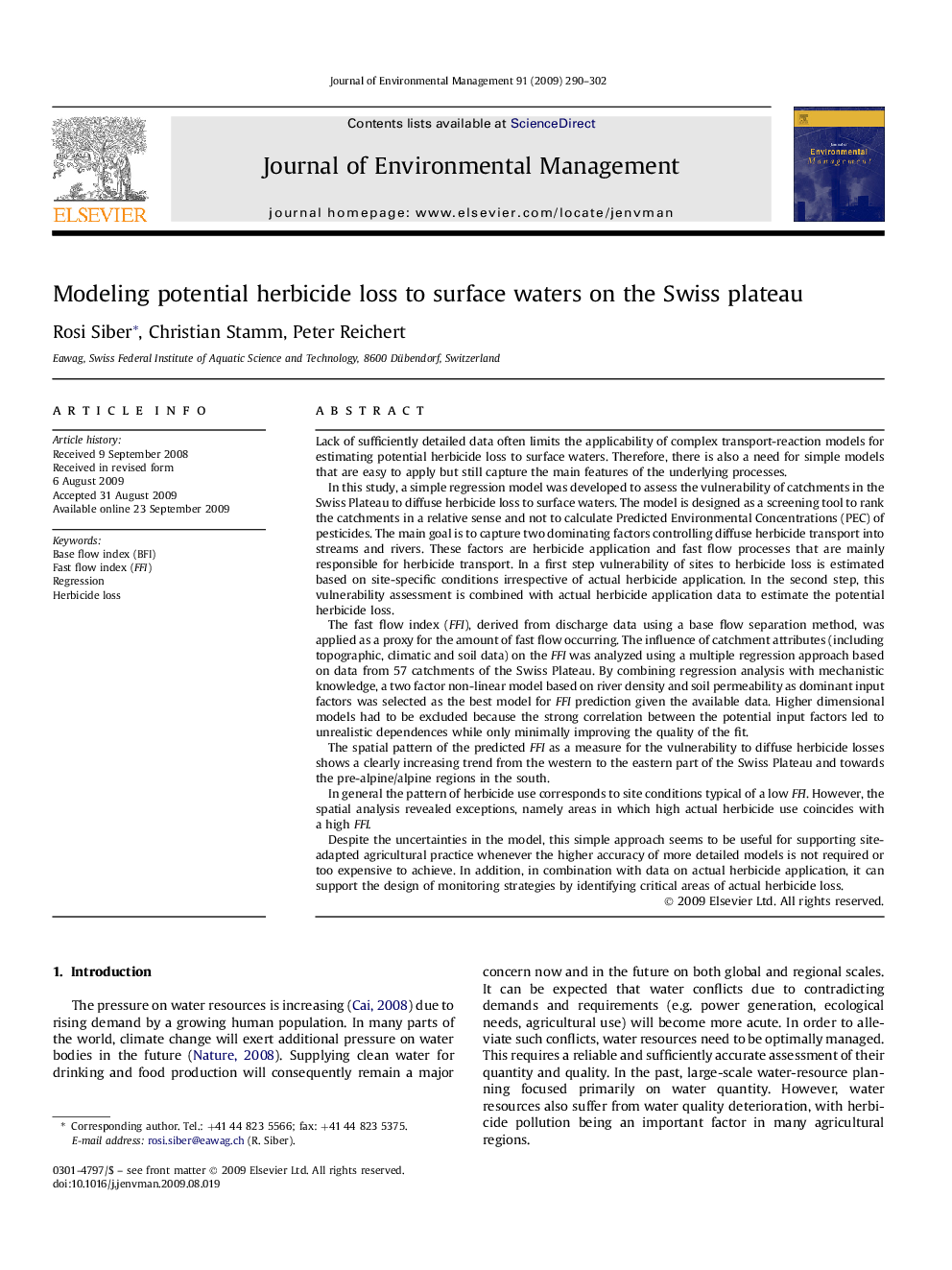 Modeling potential herbicide loss to surface waters on the Swiss plateau