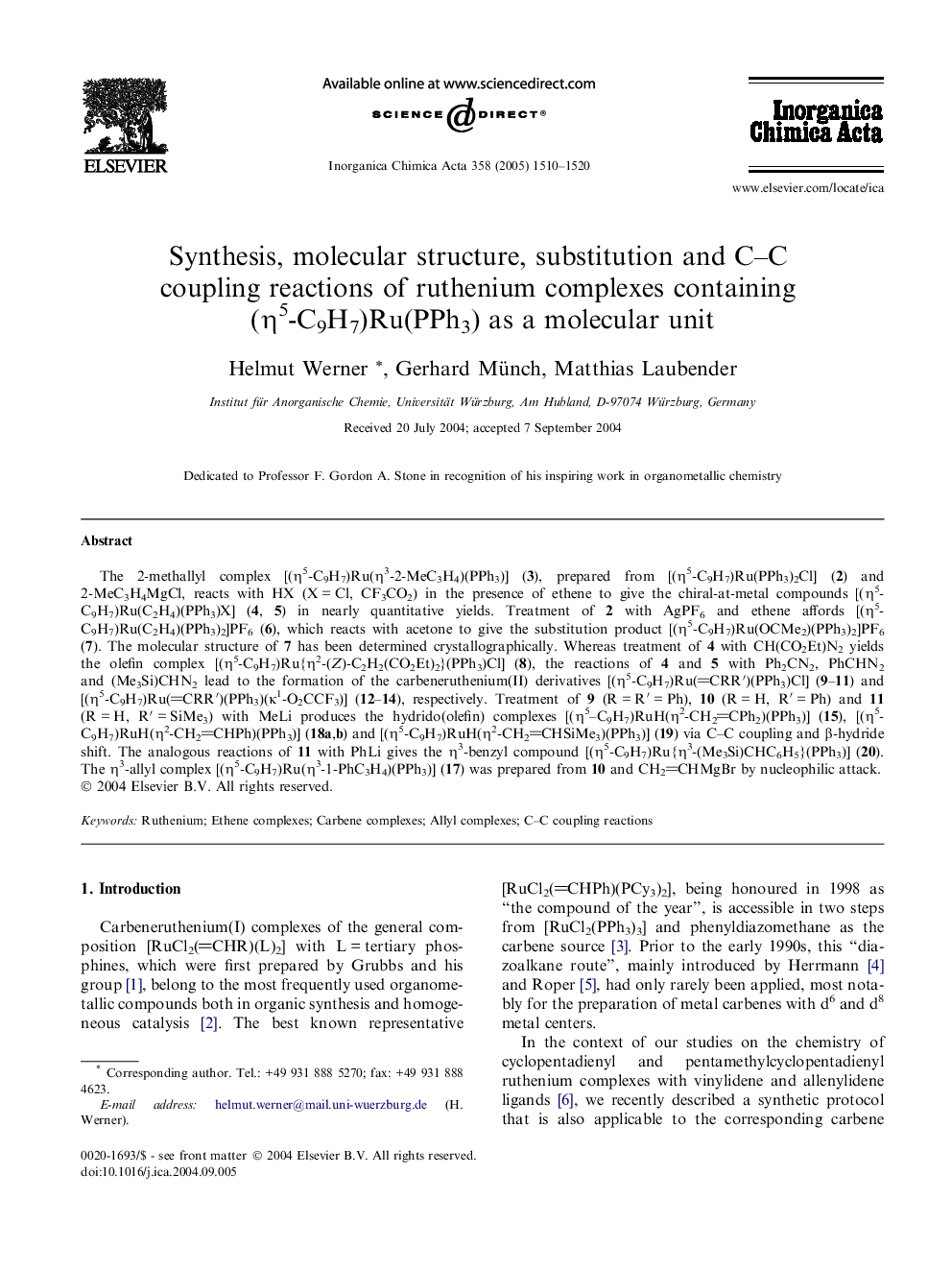 Synthesis, molecular structure, substitution and C-C coupling reactions of ruthenium complexes containing (Î·5-C9H7)Ru(PPh3) as a molecular unit