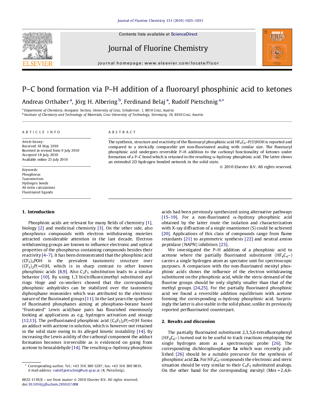 P-C bond formation via P-H addition of a fluoroaryl phosphinic acid to ketones