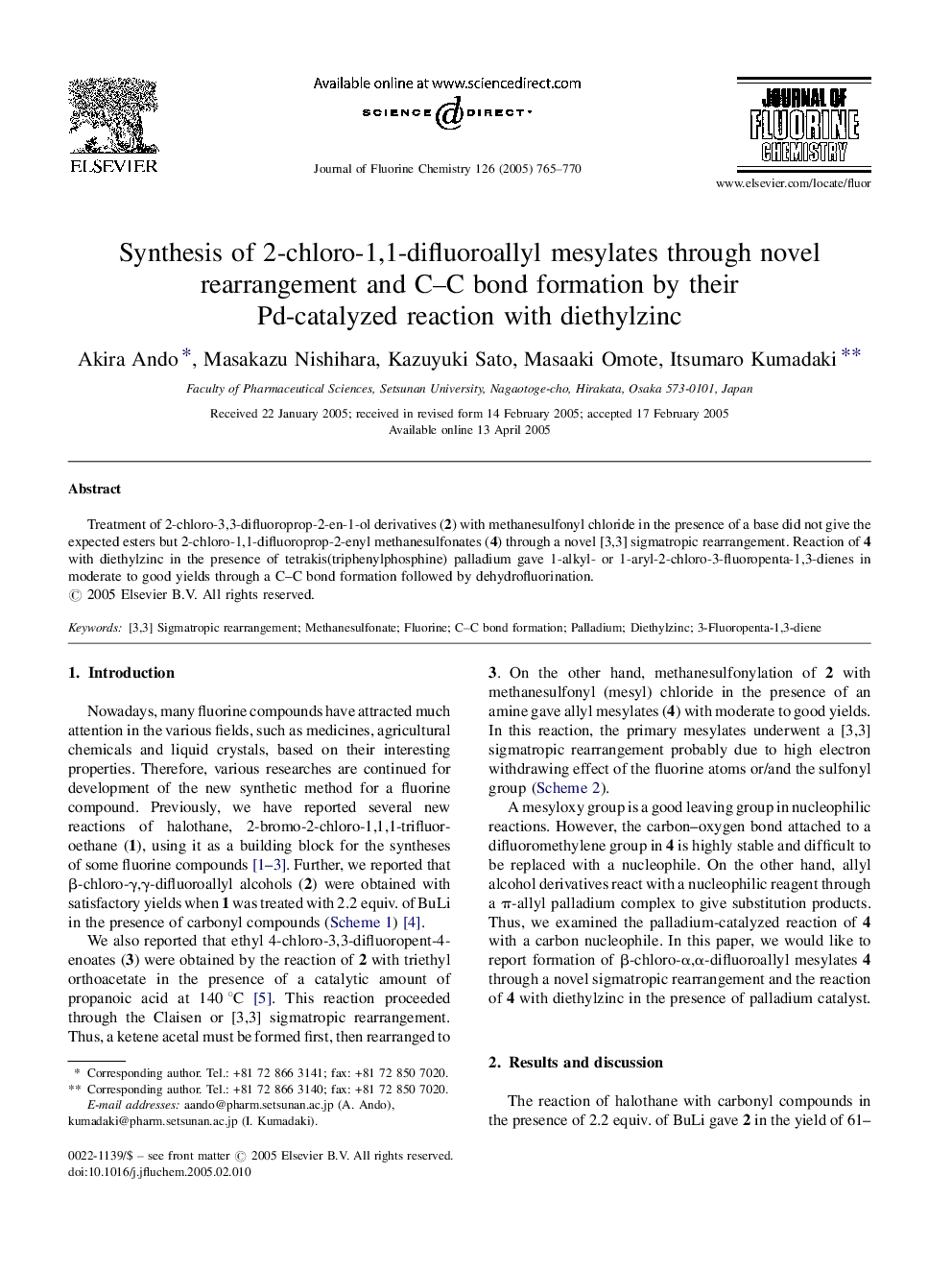 Synthesis of 2-chloro-1,1-difluoroallyl mesylates through novel rearrangement and CC bond formation by their Pd-catalyzed reaction with diethylzinc